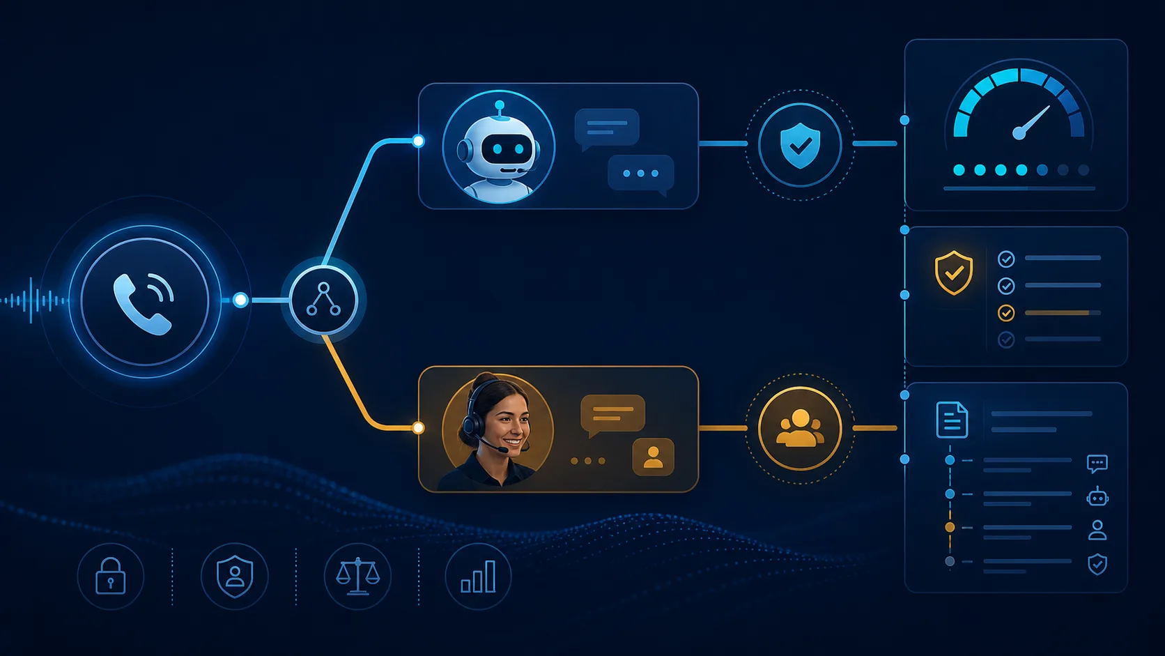 AI receptionist branching between routine automation and a human handoff