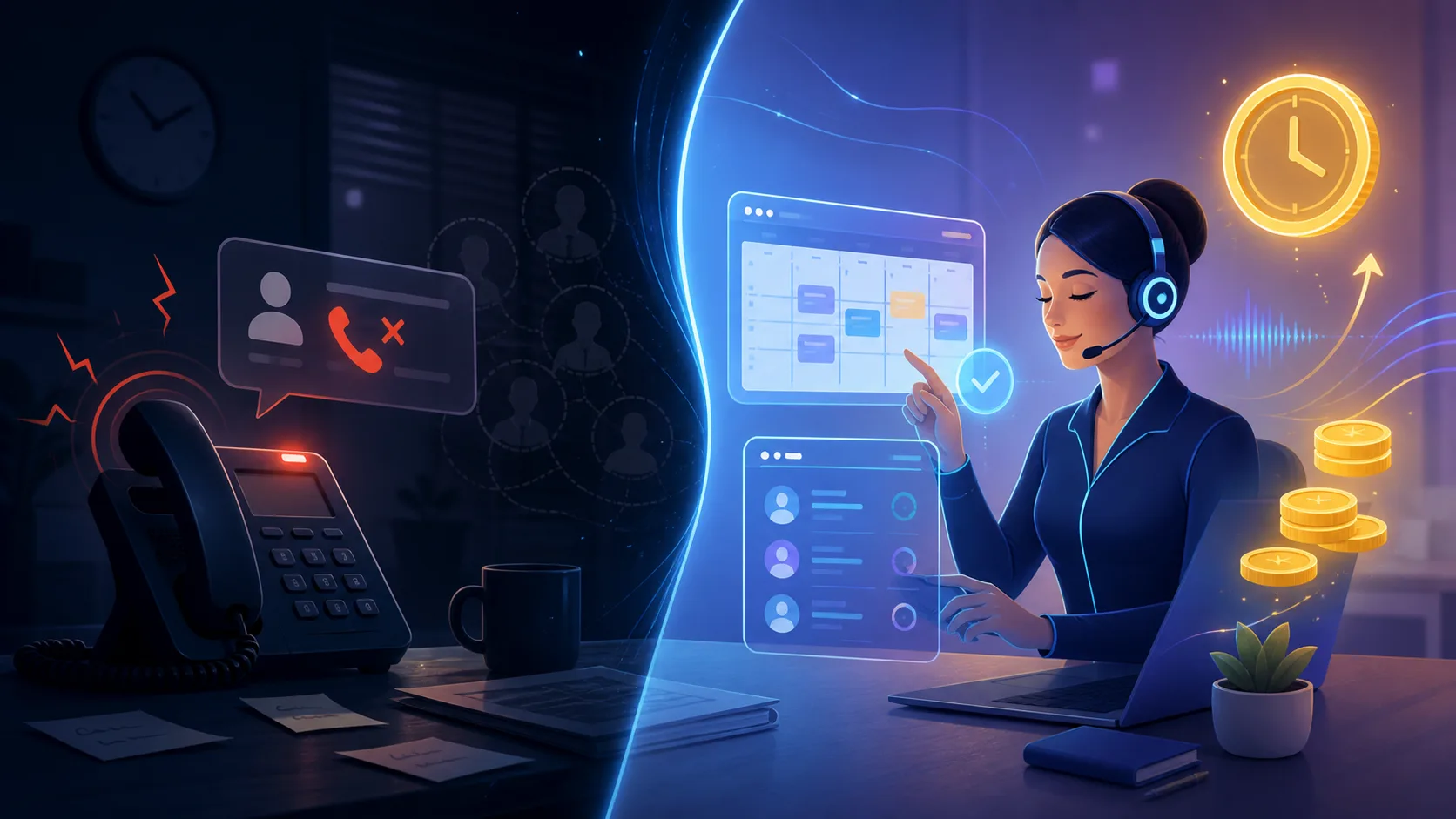 AI receptionist ROI concept showing missed calls becoming booked appointments and CRM follow-up