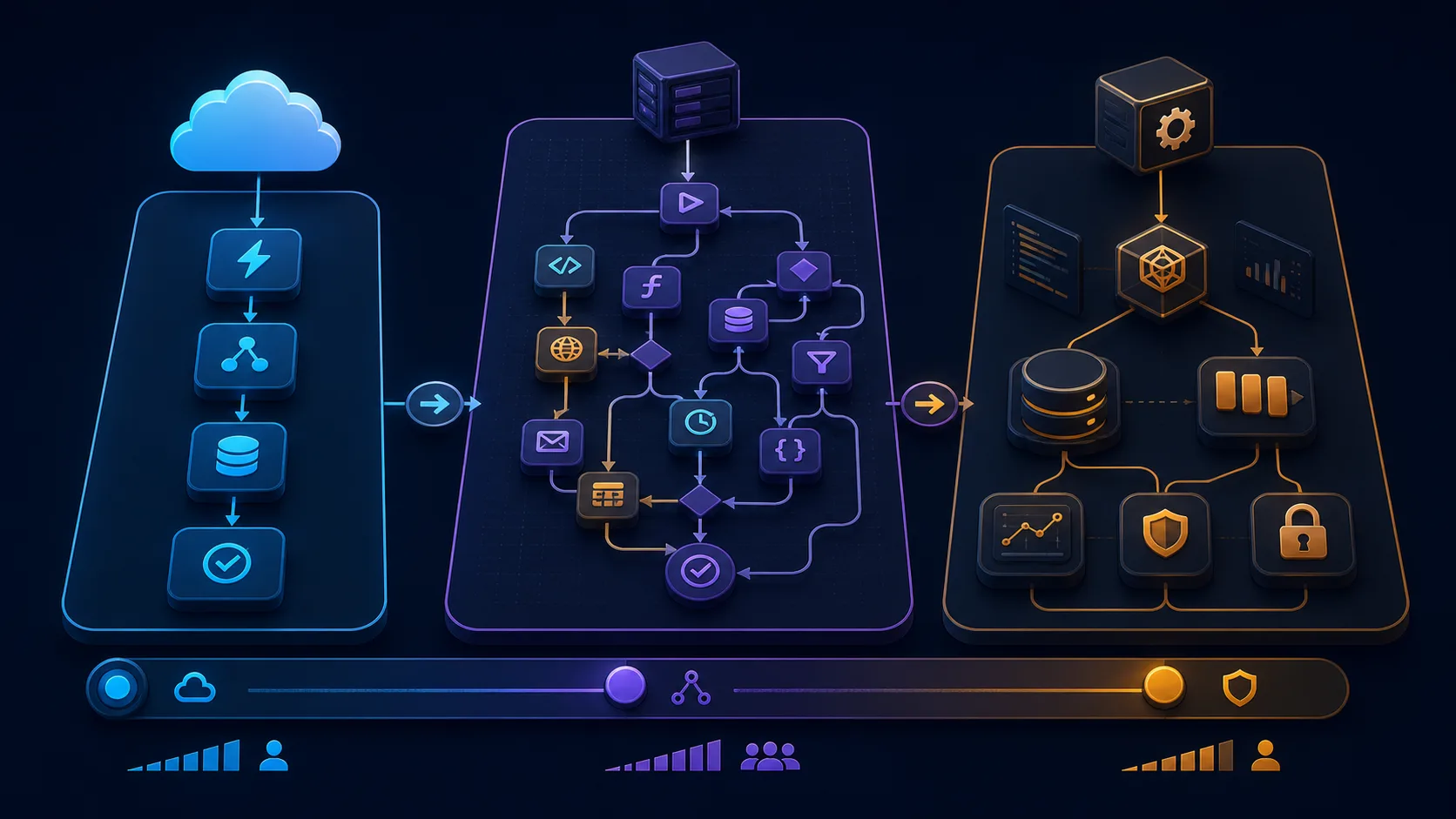 A three-lane visual comparison of managed automation, self-hosted n8n, and custom backend software