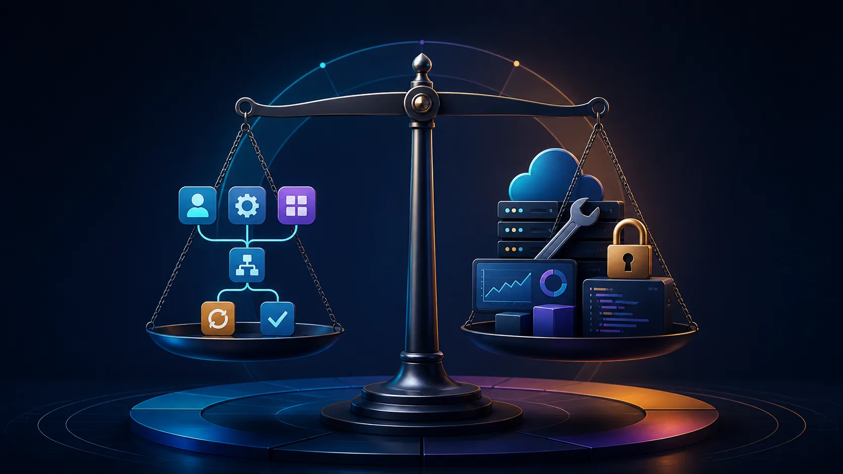 A balanced total-cost view showing subscriptions, hosting, maintenance, security, monitoring, and custom code