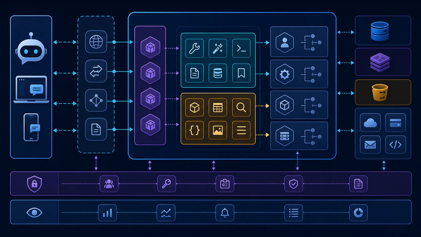 Layered MCP server architecture with an AI client, transport boundary, NestJS modules, domain services, APIs, and database