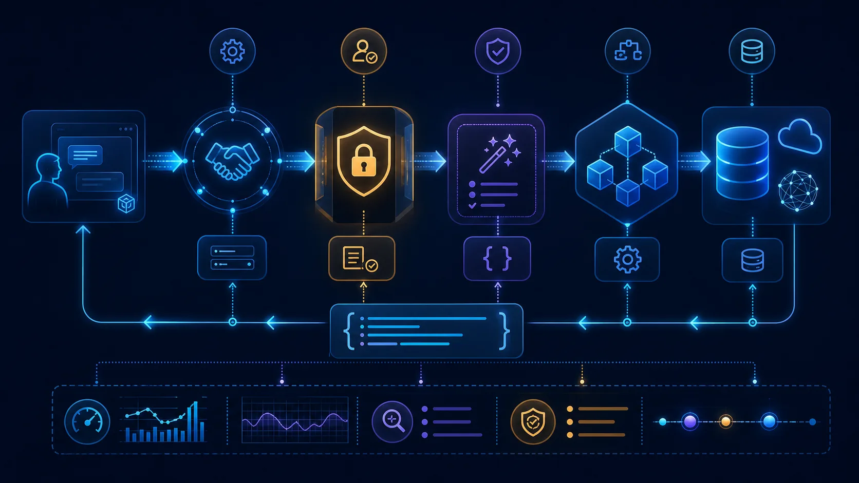 MCP request lifecycle from client request through authentication, validation, tool execution, external systems, and audited result