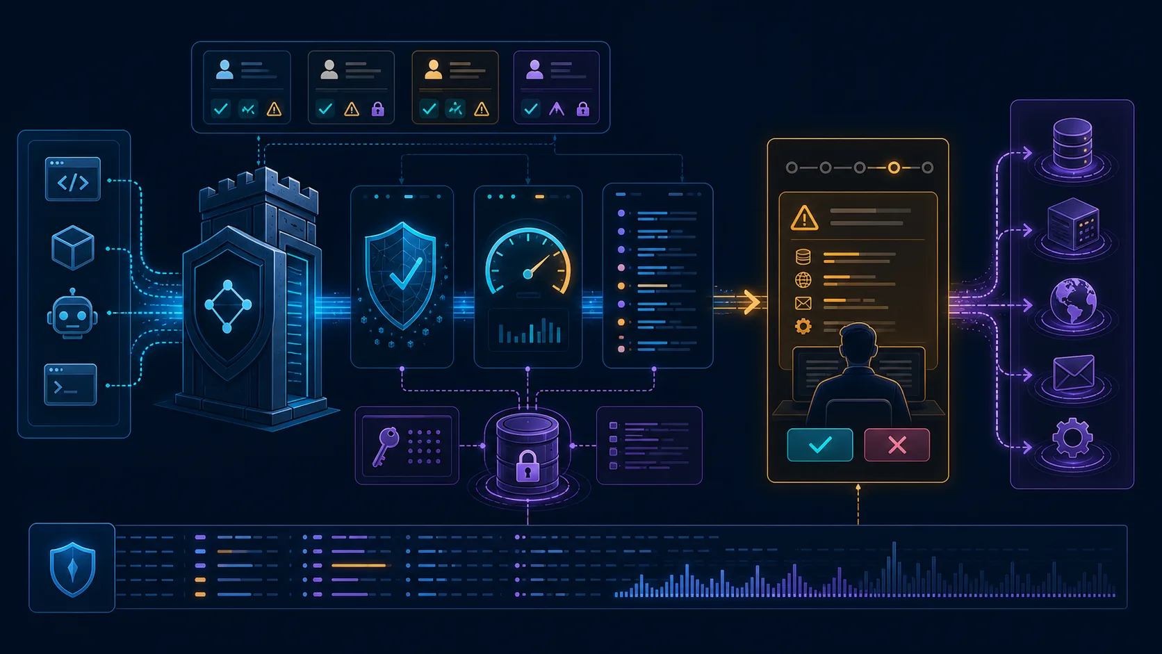 MCP security boundary with permissions, schema validation, rate limits, audit logs, secret storage, and human approval
