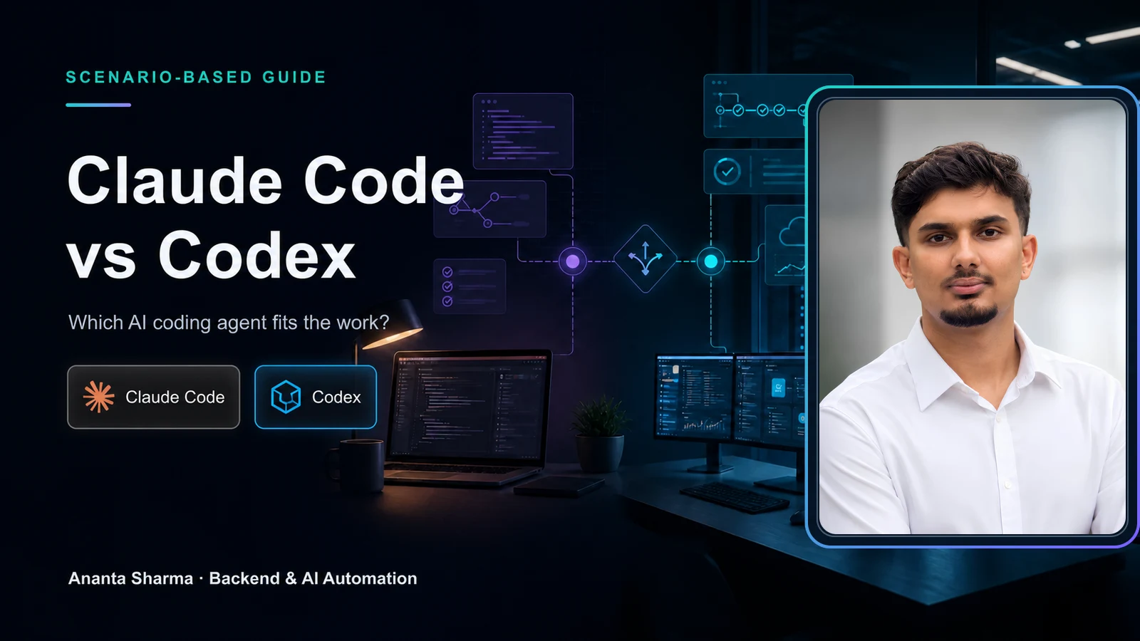 Claude Code vs Codex feature cover with Ananta Sharma and two software delivery workspaces
