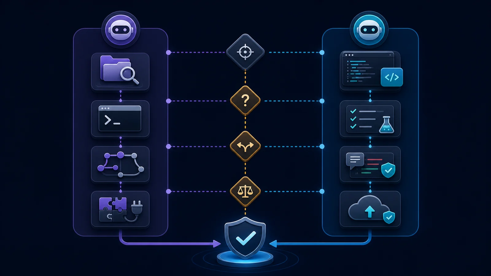 Scenario map comparing local exploration, tool connections, implementation, testing, review, and deployment