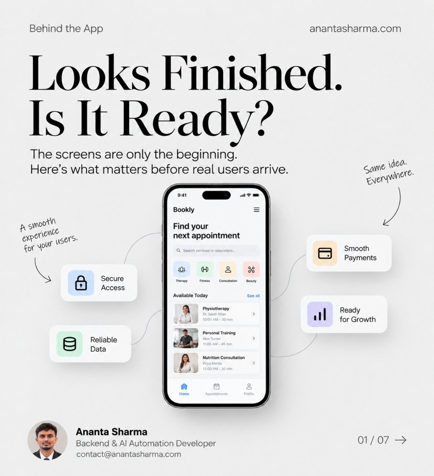 Carousel cover: a Bookly appointment app screen alongside secure access, reliable data, smooth payments, and growth.