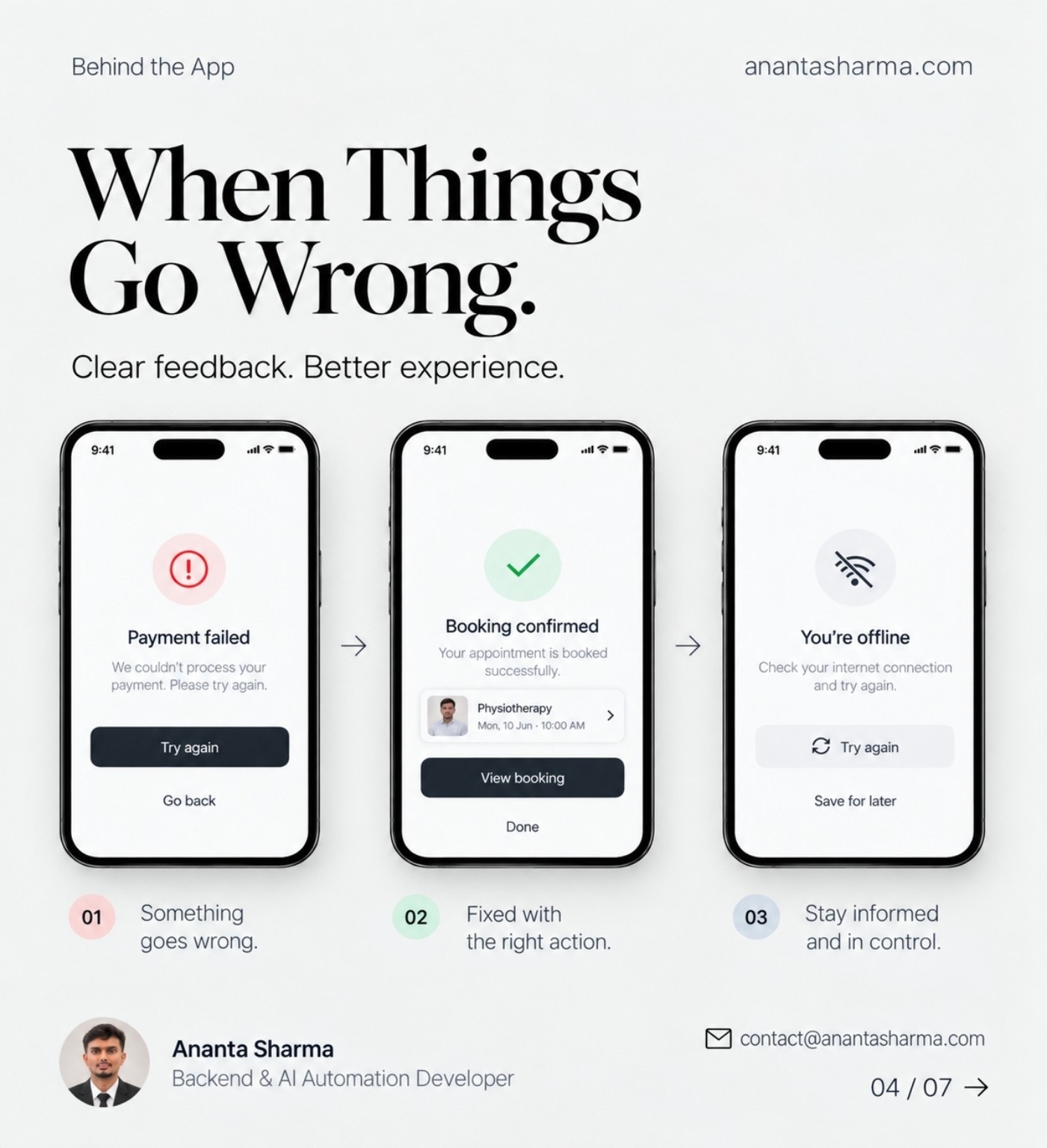 Three booking app states: payment failed, booking confirmed, and offline, with guidance for each.