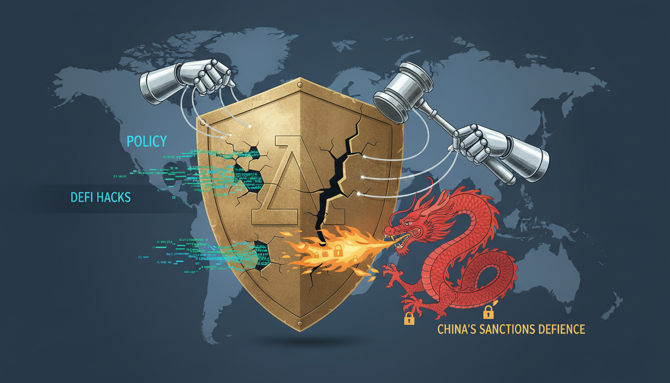 Hero: A digital illustration of a fractured globe with blockchain chains and financial symbols clashing over US and China flags, highlighting geopolitical tension and DeFi vulnerabilities