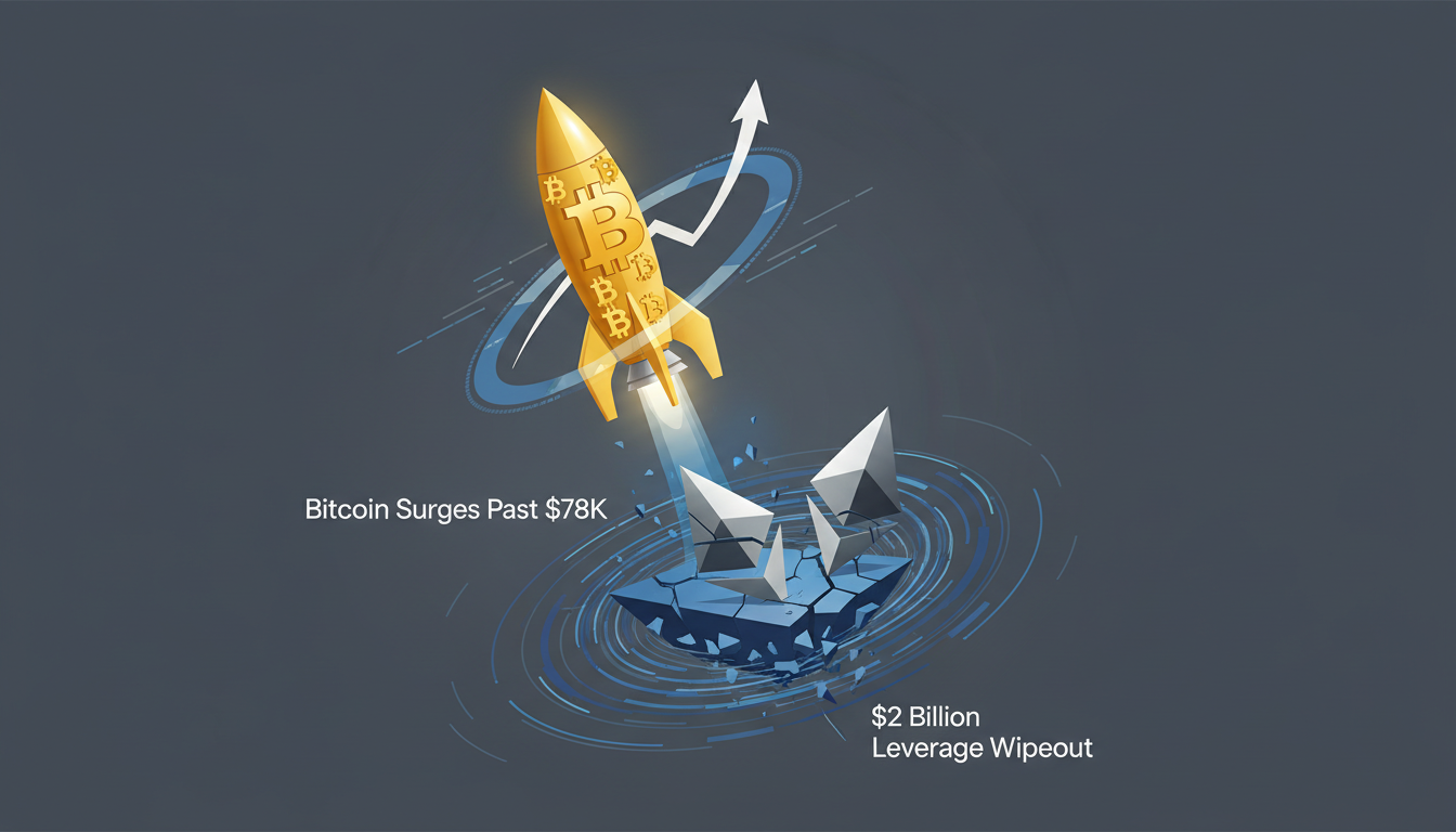 Hero illustration for article: Bitcoin Surges Past $78K While Ethereum Faces $2 Billion Leverage Wipeout: Crypto Markets in Flux