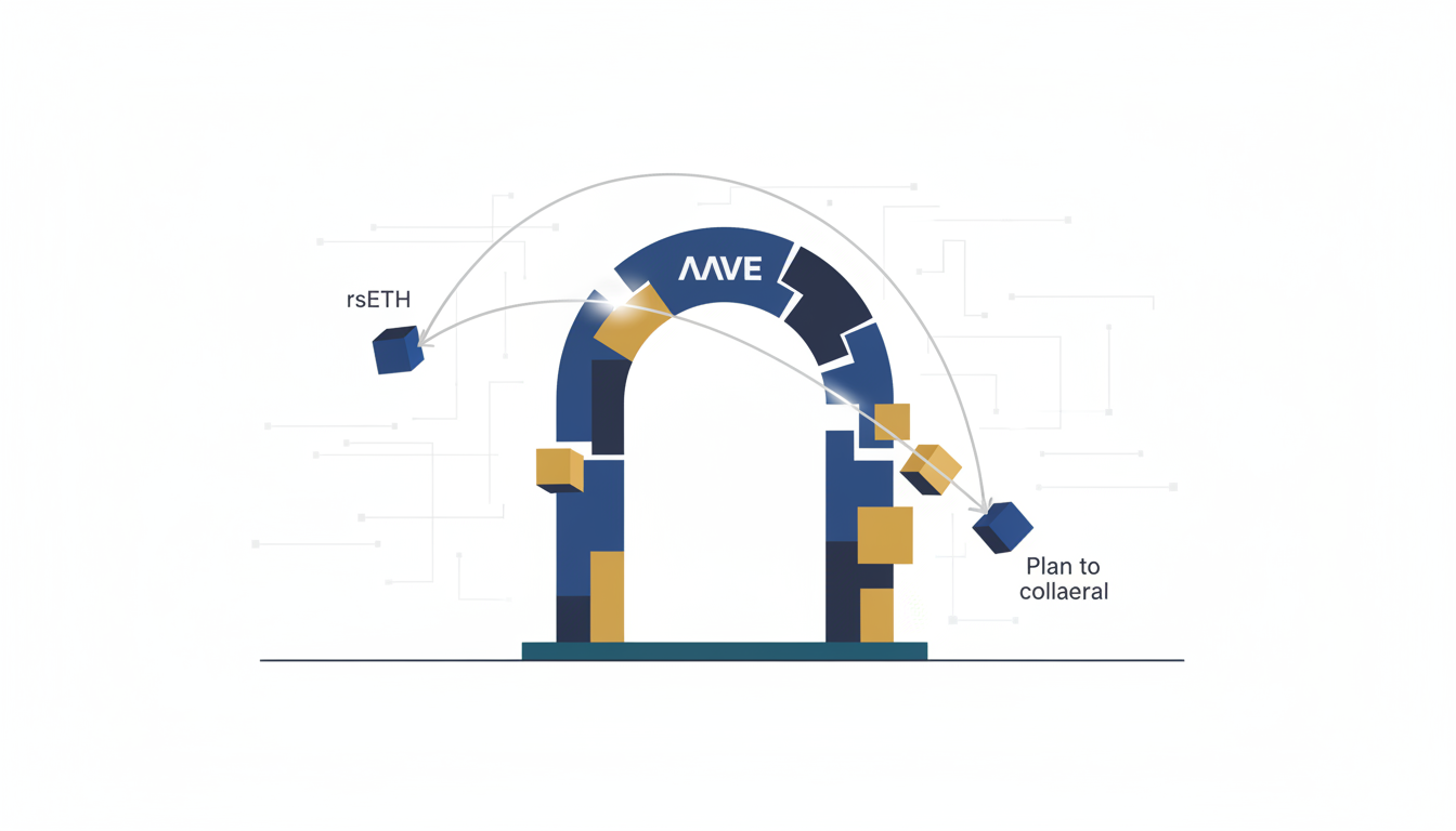 Hero: A digital illustration of a blockchain network rebuilding after a cyber attack, with AAVE's logo prominent and streams of Ethereum tokens flowing into a vault