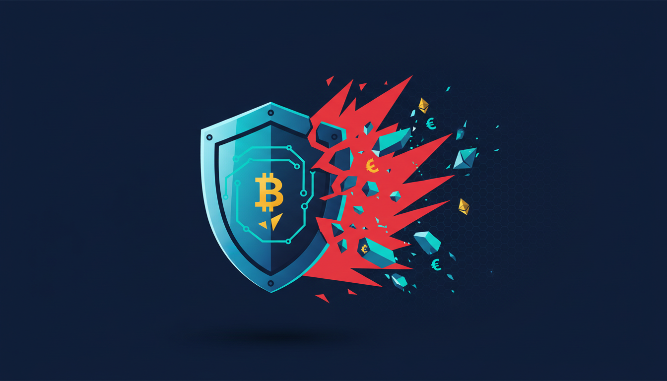 Hero: A digital illustration of a shattered blockchain network with Bitcoin and Ethereum logos under attack by dark, shadowy figures representing hackers