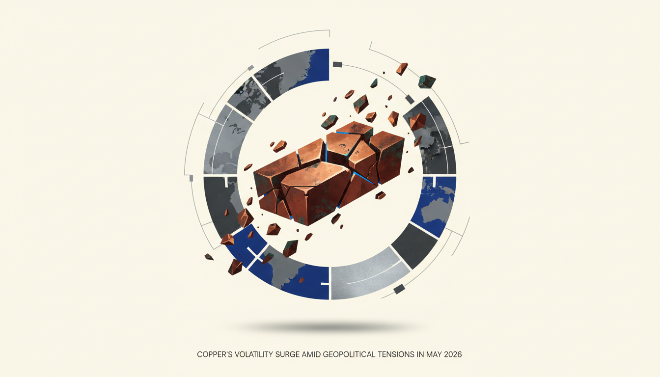 Hero: A dramatic scene of copper price charts spiking against a backdrop of geopolitical conflict in the Persian Gulf