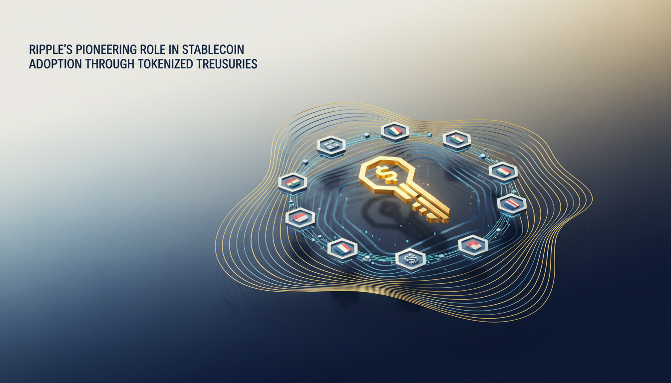 Hero: A digital illustration of a futuristic financial network with Ripple's logo at the center, connected by blockchain lines to icons of major banks like JPMorgan and Mastercard, with tokenized Treasury assets flowing across borders