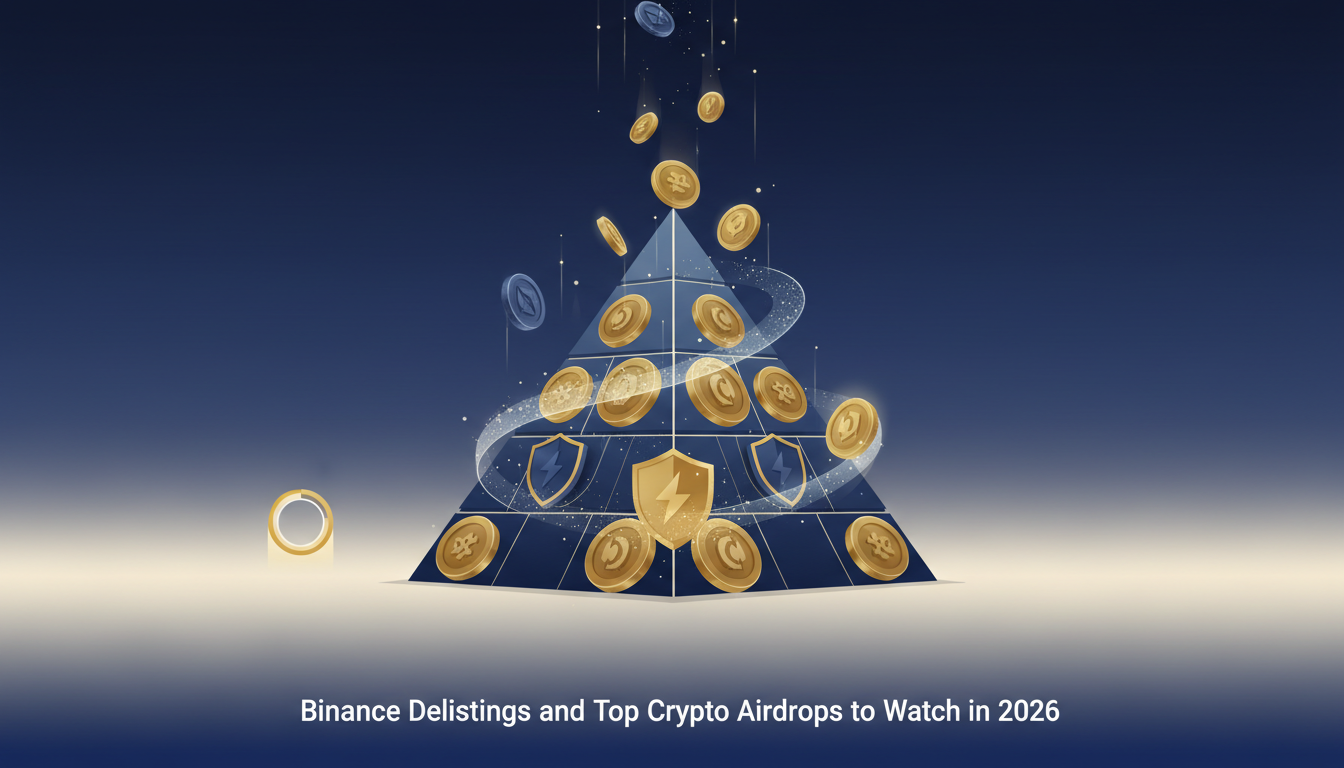 Hero: A dynamic digital scene of a cryptocurrency exchange platform with tokens being removed and new airdrop tokens raining down