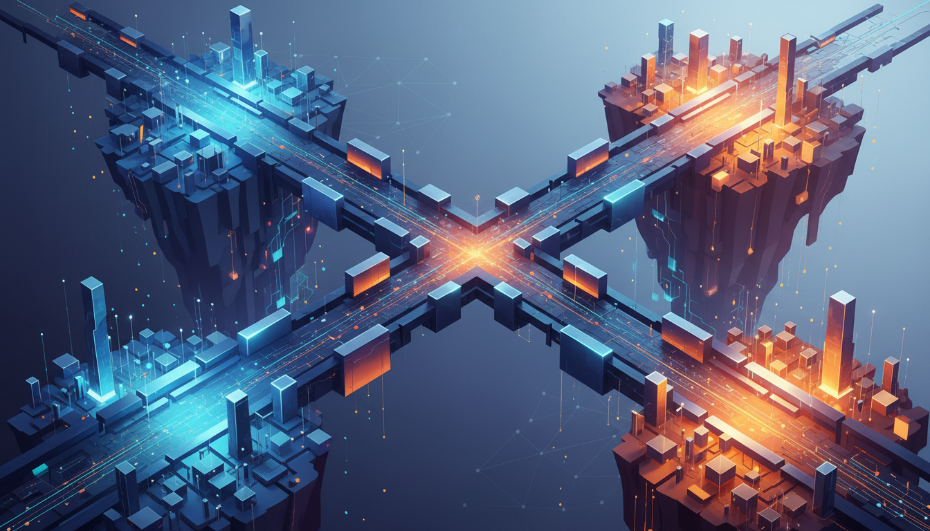 Hero: A futuristic digital landscape showing multiple blockchain networks connected by glowing bridges, with data streams flowing between them