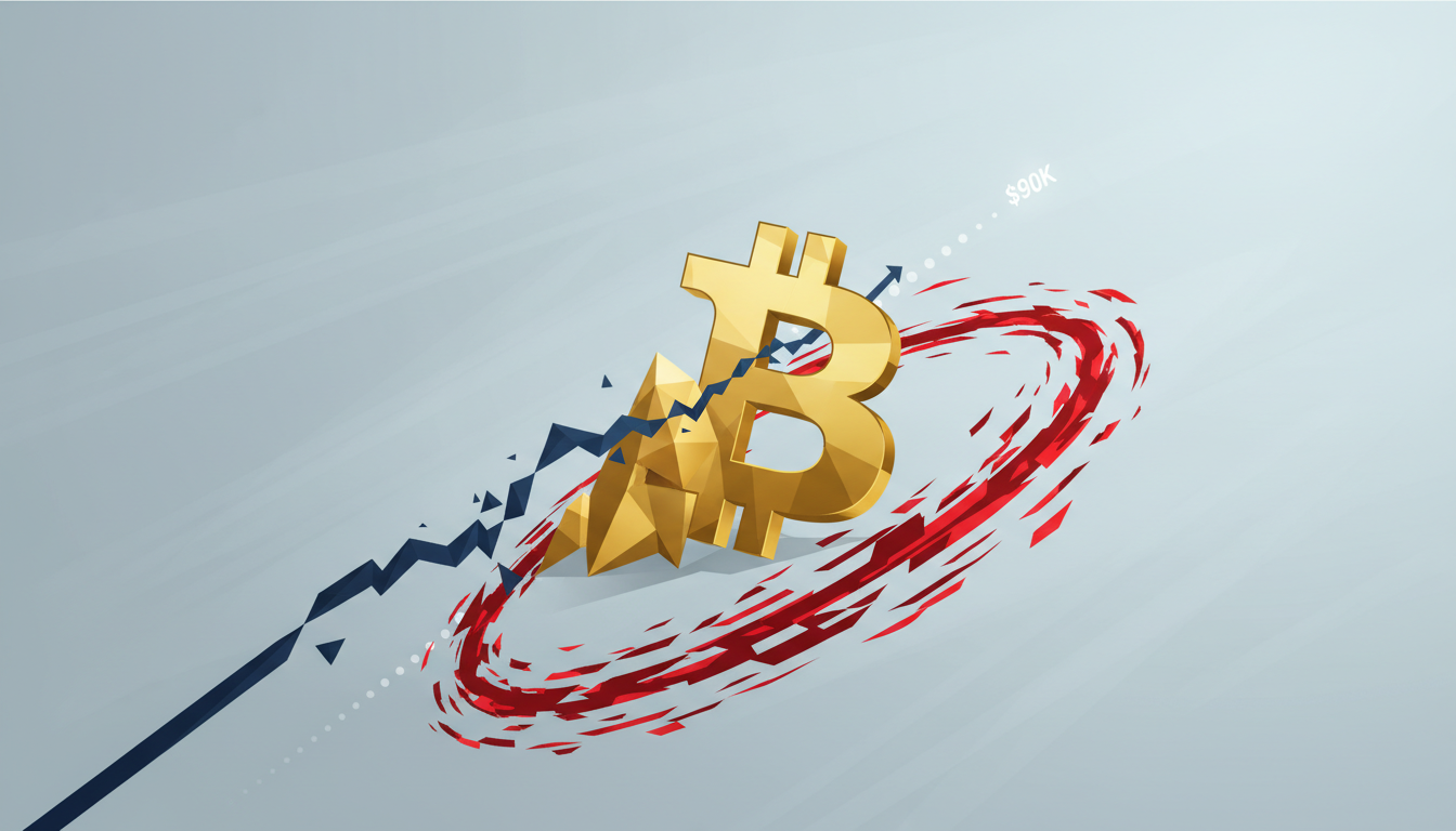 Hero: A dynamic chart of Bitcoin's price surging towards $90K with volatile spikes, set against a backdrop of geopolitical tension and market data