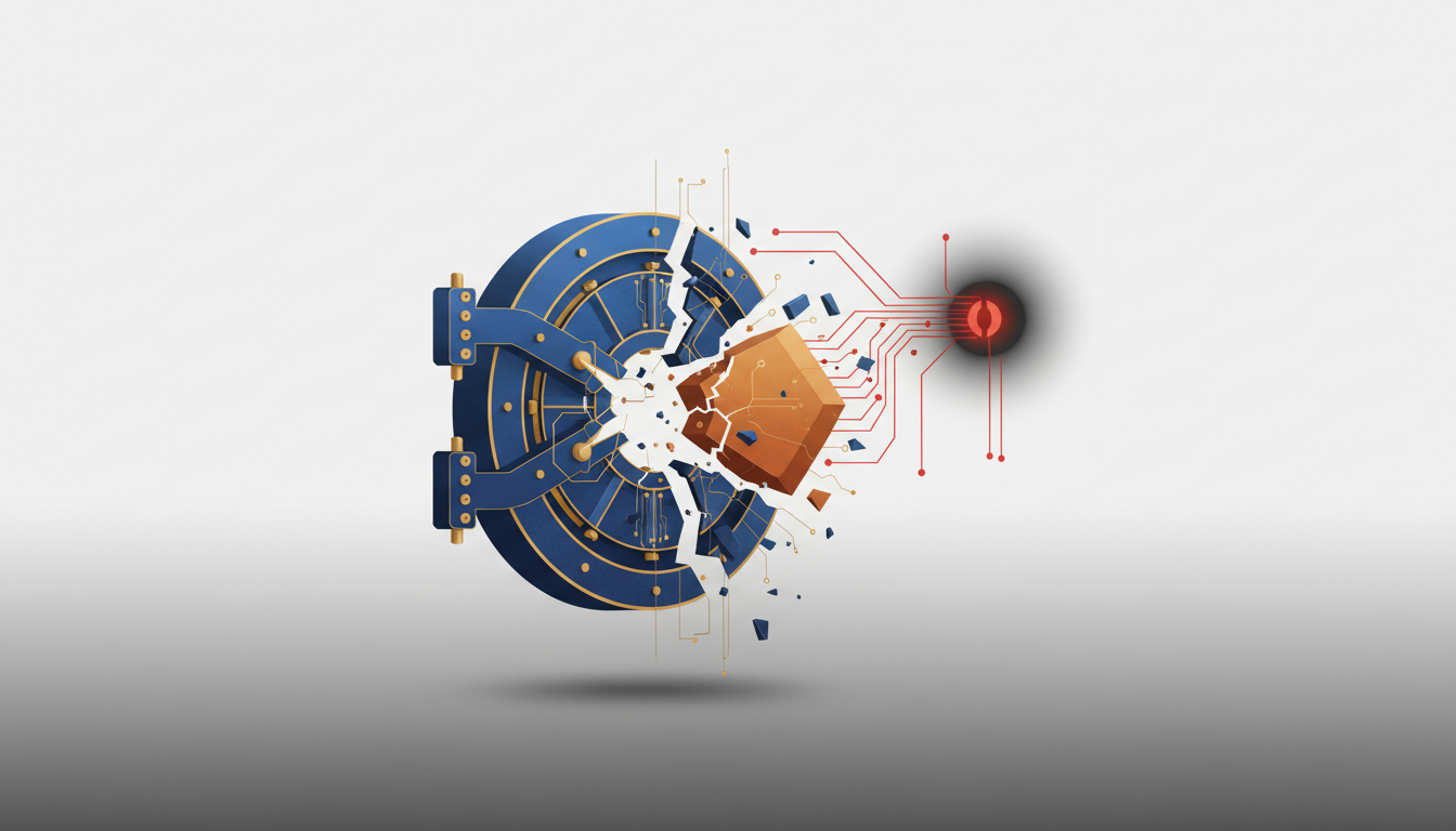 Hero: A digital illustration of a shattered vault with streams of cryptocurrency tokens like Ethereum and stablecoins pouring out, symbolizing a major DeFi hack, set against a dark, futuristic blockchain network background