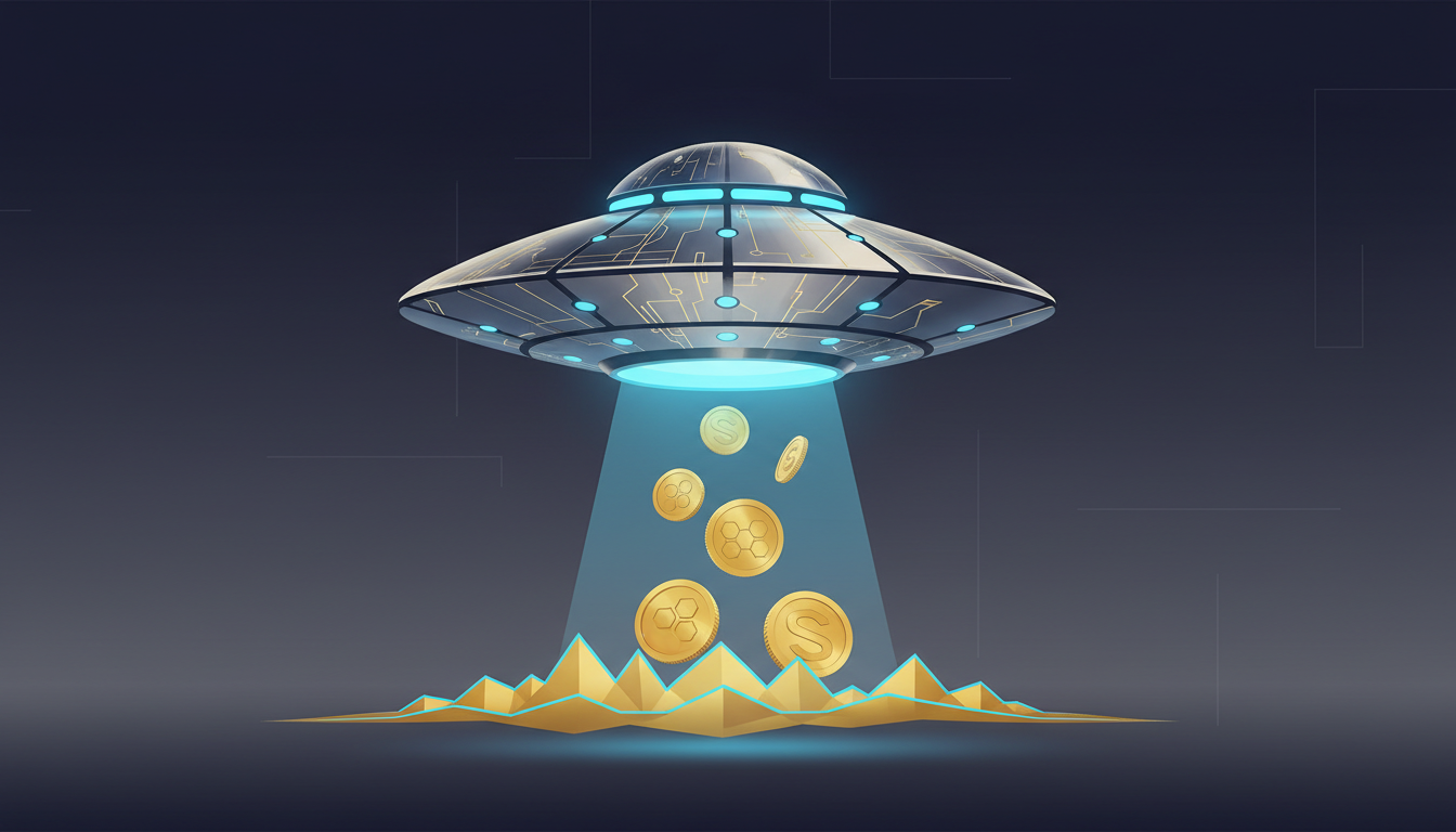 Hero: A digital illustration of UFOs hovering over a futuristic blockchain network with Solana logo in the background, symbolizing the surge of UFO-themed meme coins
