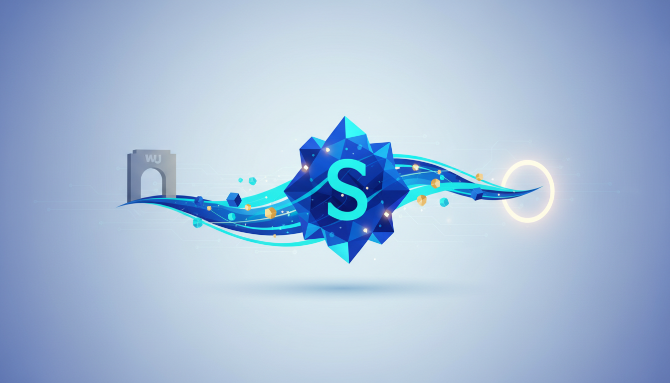 Hero: A futuristic digital payment landscape with Solana's blockchain network connecting global financial hubs and Western Union's USDPT stablecoin facilitating instant transactions