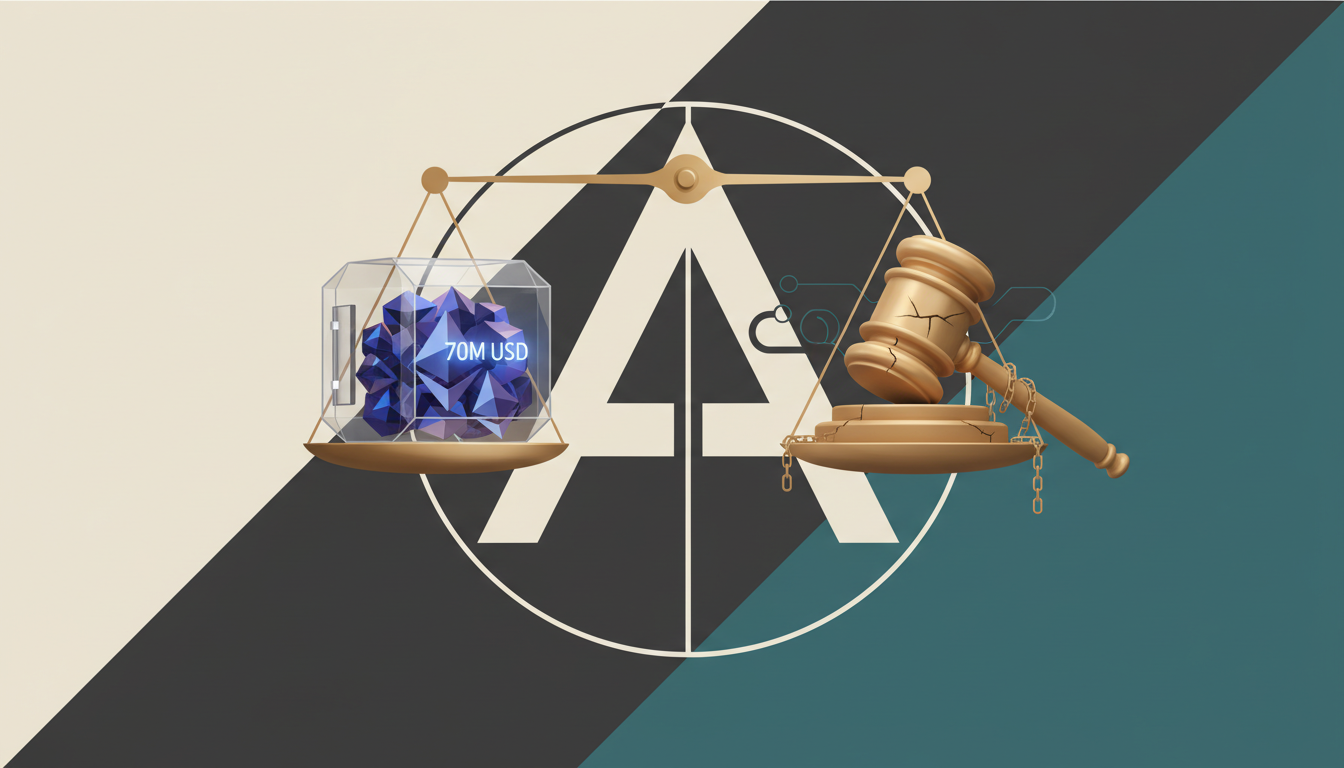 Hero: A digital courtroom scene with blockchain nodes and Ethereum symbols, representing the clash between DeFi governance and legal restrictions