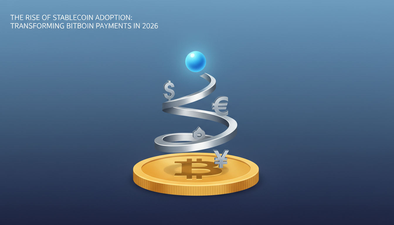 Hero: A futuristic digital marketplace with Bitcoin and stablecoin transactions flowing seamlessly on a blockchain network