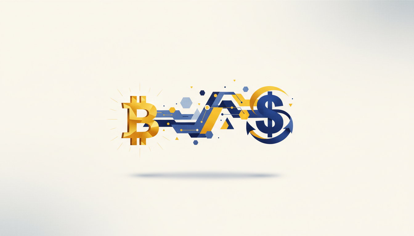 Hero: A futuristic digital marketplace with stablecoin and Bitcoin transactions happening instantly on a blockchain network