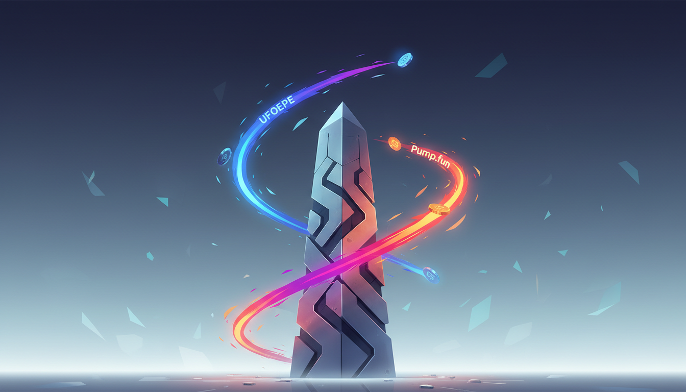 Hero: A vibrant digital illustration of the Solana blockchain ecosystem with meme coins like UFOPEPE soaring in value, alongside a futuristic UFO hovering over a Pentagon building