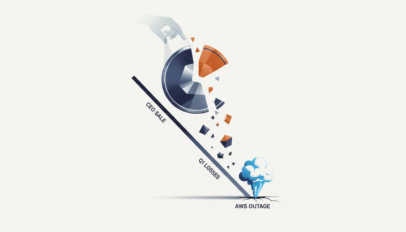 Hero: A digital illustration of Coinbase's logo with a backdrop of falling stock charts and a server room experiencing technical issues