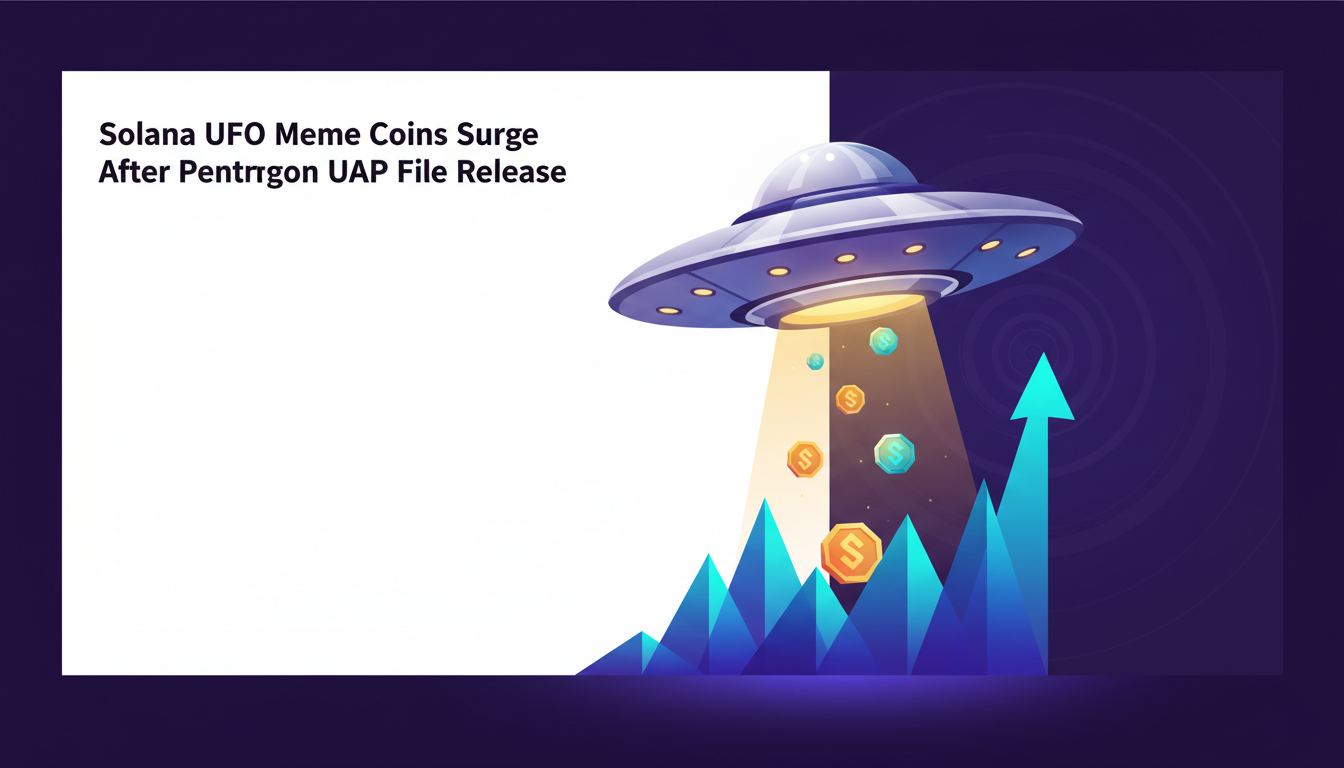 Hero: A digital illustration of a UFO hovering over a blockchain network with Solana tokens and Pepe imagery in the background