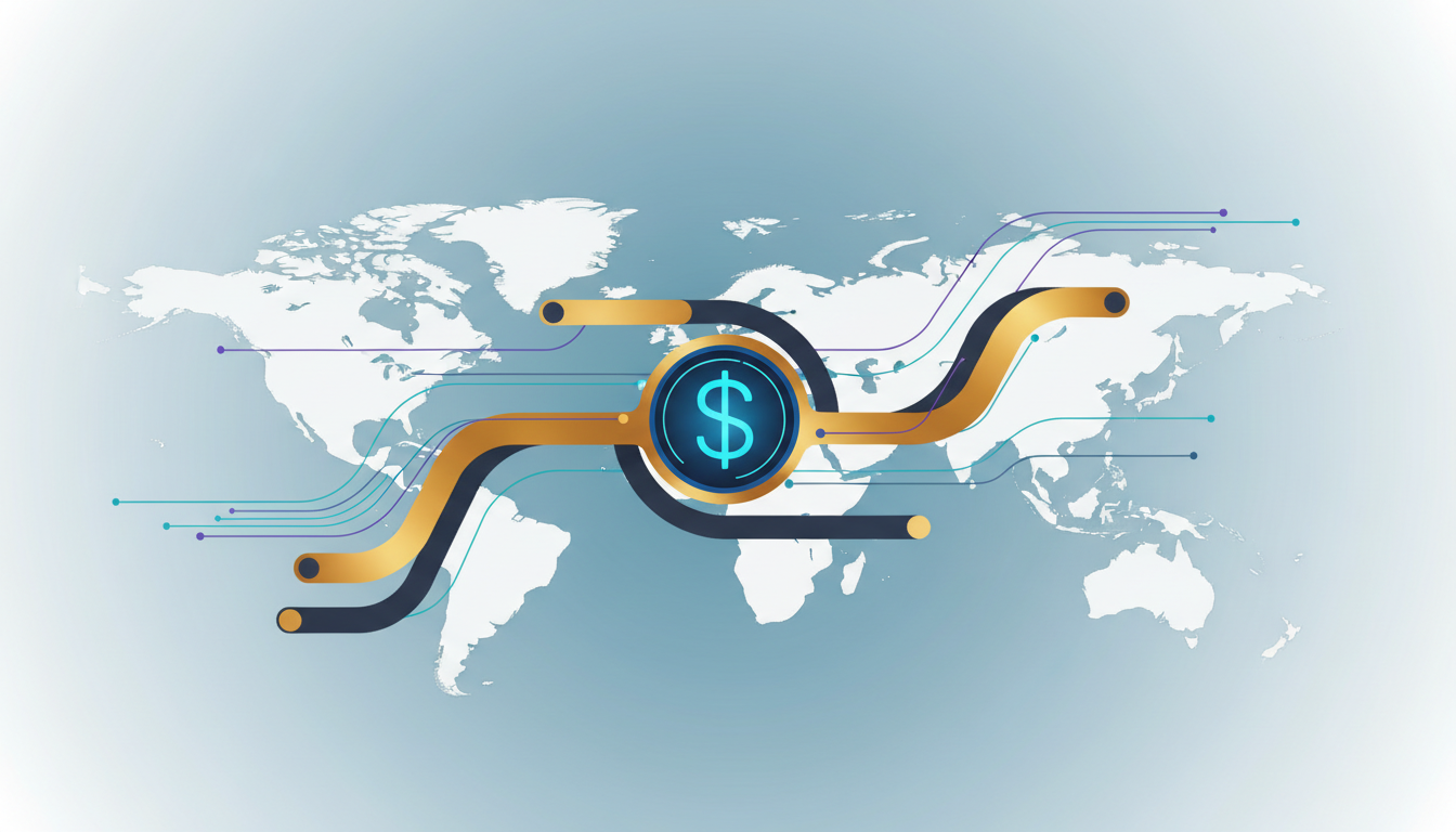 Hero: A futuristic digital map of the world with glowing lines representing stablecoin transactions connecting financial hubs