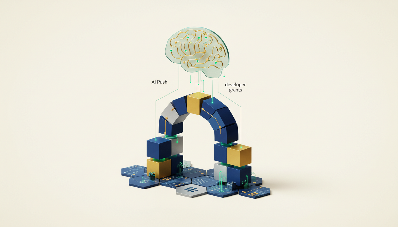 Hero: A futuristic digital landscape showing AI and blockchain integration with Tether's logo prominently featured