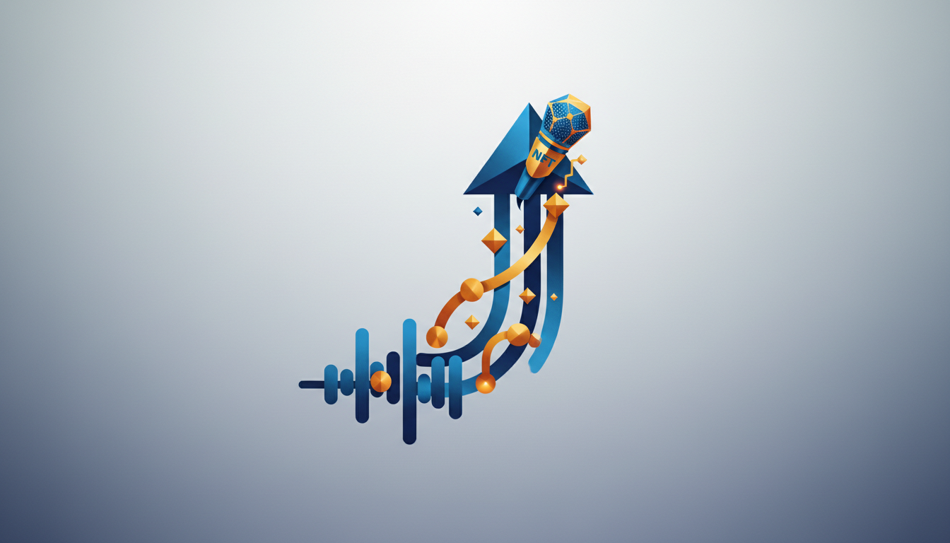 Hero: A vibrant digital illustration of a music artist surrounded by blockchain symbols and cryptocurrency coins, with the Coinbase and UnitedMasters logos integrated into a futuristic music studio background