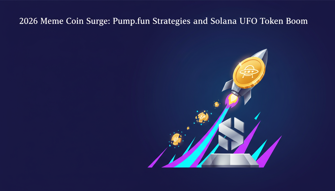 Hero: A vibrant digital illustration of a futuristic crypto marketplace with Solana meme coins like UFOPEPE soaring in value, alongside a Pump.fun platform interface showing viral token launches