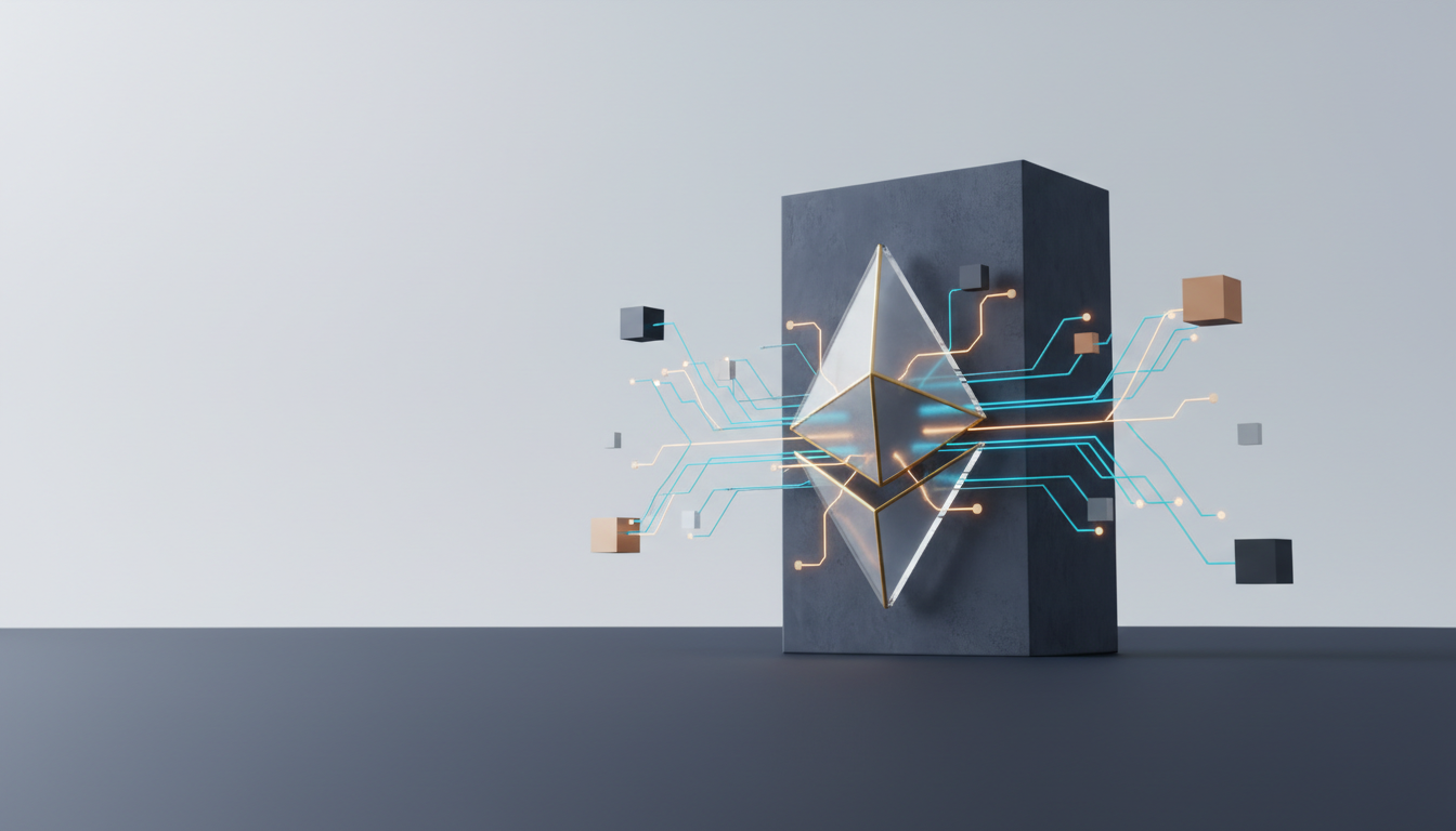 Hero: A futuristic digital cityscape with Ethereum's logo glowing in the center, surrounded by financial charts and blockchain networks