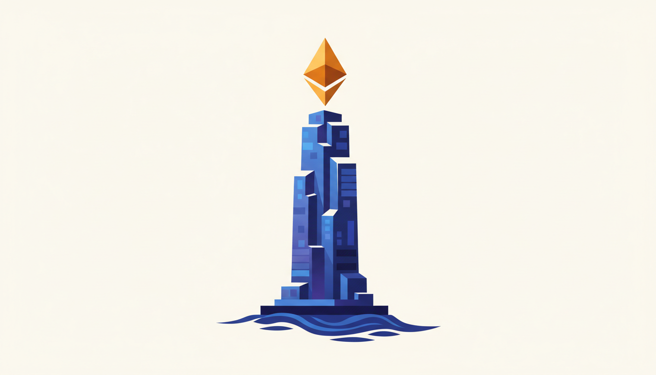 Hero: A futuristic financial landscape with Ethereum blockchain networks connecting Wall Street institutions, digital tokens flowing, and a prominent JPMorgan logo