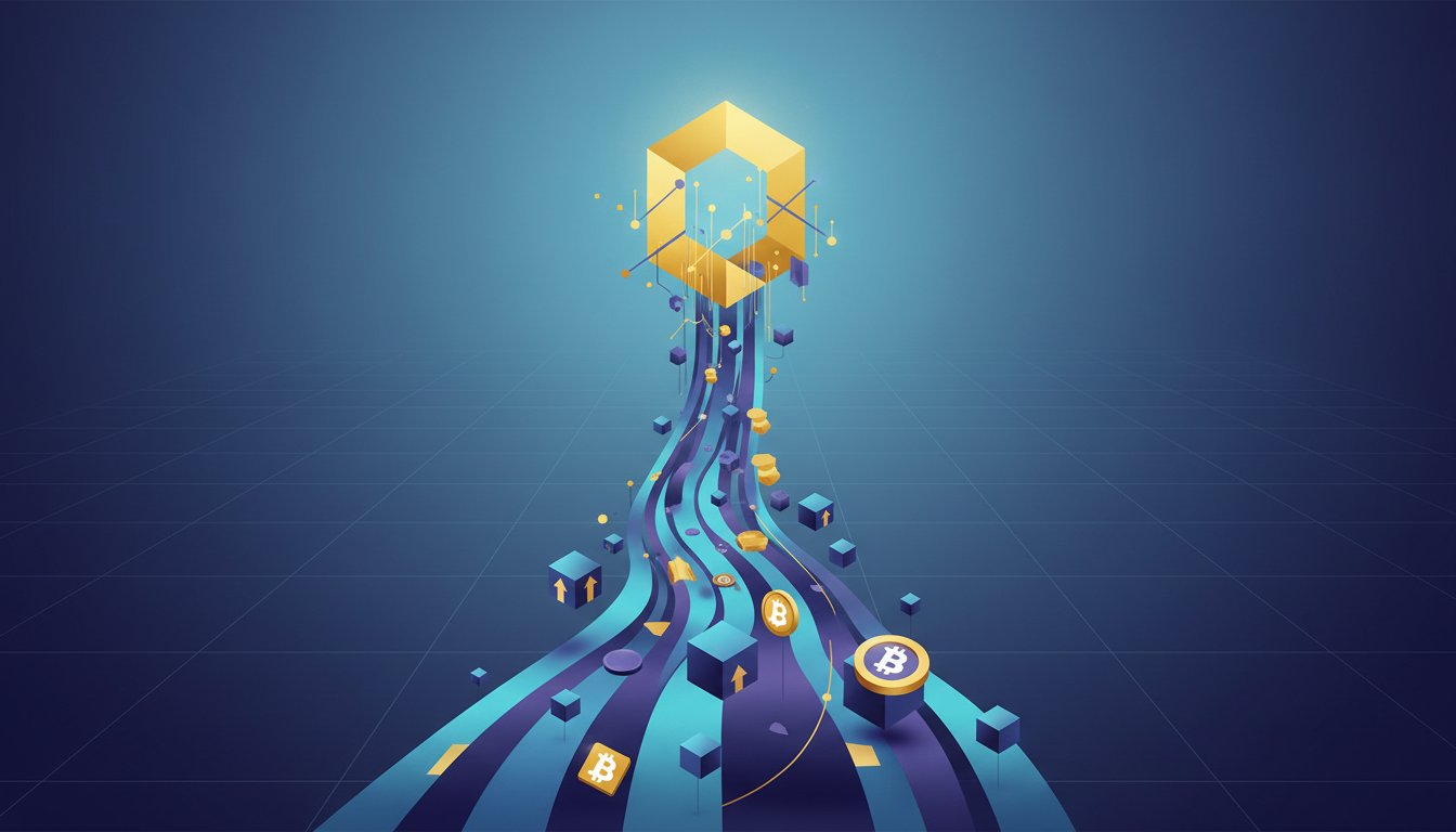Hero: A digital illustration of a futuristic financial market with tokenized stock icons and Bitcoin ETF charts converging into a glowing $1 billion milestone