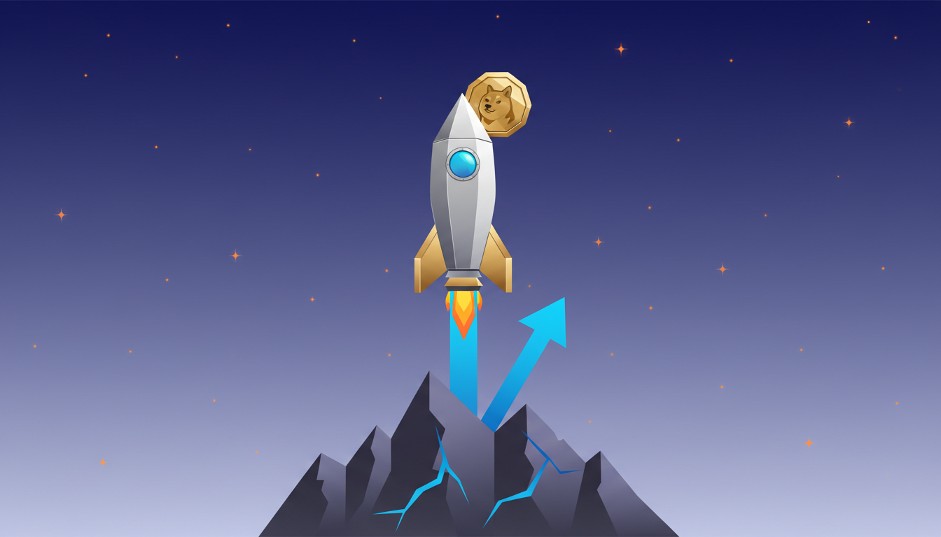 Hero: A dynamic digital illustration of Dogecoin's iconic Shiba Inu mascot surrounded by volatile price charts and speculative traders in a futuristic crypto market setting