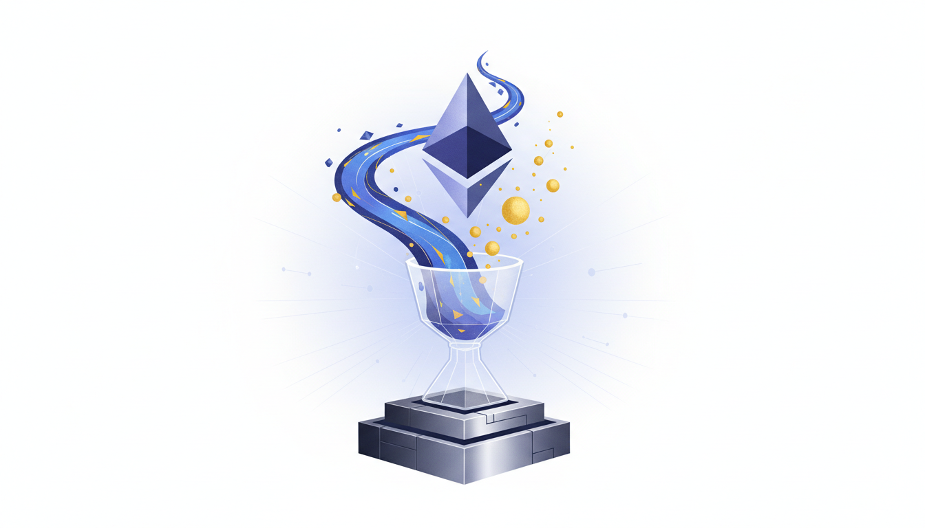Hero: A futuristic digital landscape of Ethereum's blockchain with glowing nodes representing liquid staking protocols, interconnected by streams of data and yield