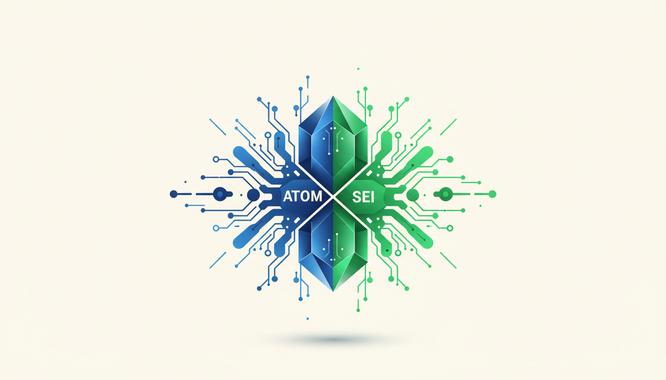Hero: A futuristic digital landscape with glowing representations of Cosmos (ATOM) and Sei (SEI) tokens powering interconnected blockchain networks