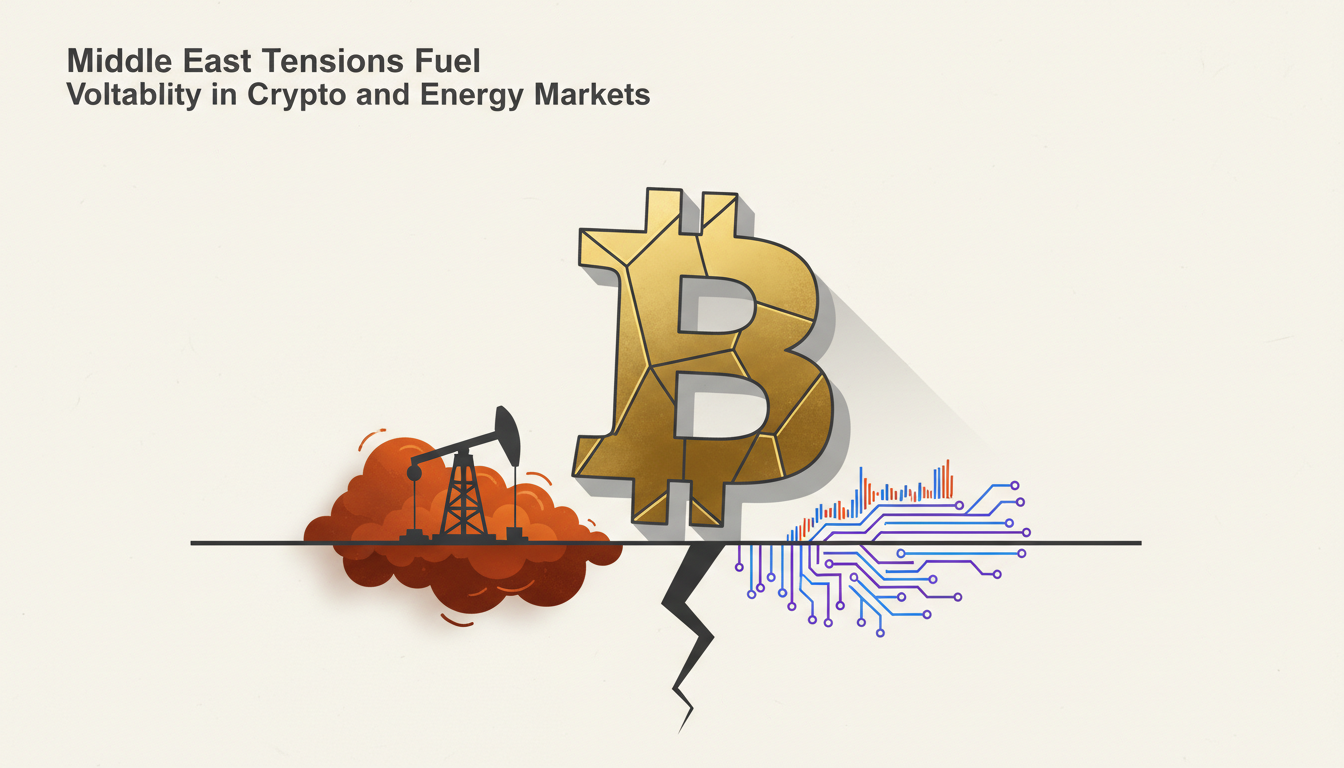 Hero: A digital illustration of a volatile financial market with Middle Eastern geopolitical tension symbols, oil barrels, and fluctuating Bitcoin and Ethereum charts