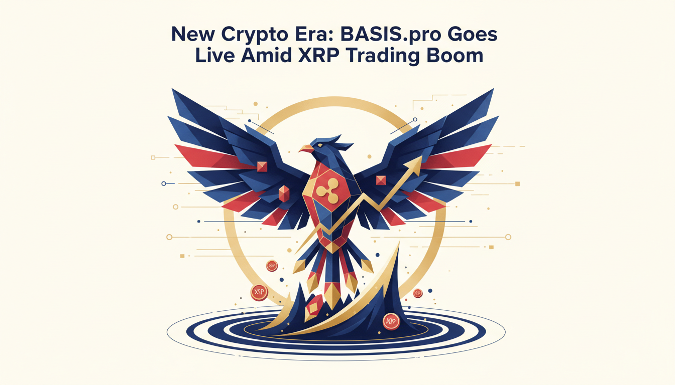 Hero: A dynamic digital landscape of crypto trading with a futuristic platform interface for BASIS.pro and glowing XRP tokens dominating a South Korean market chart