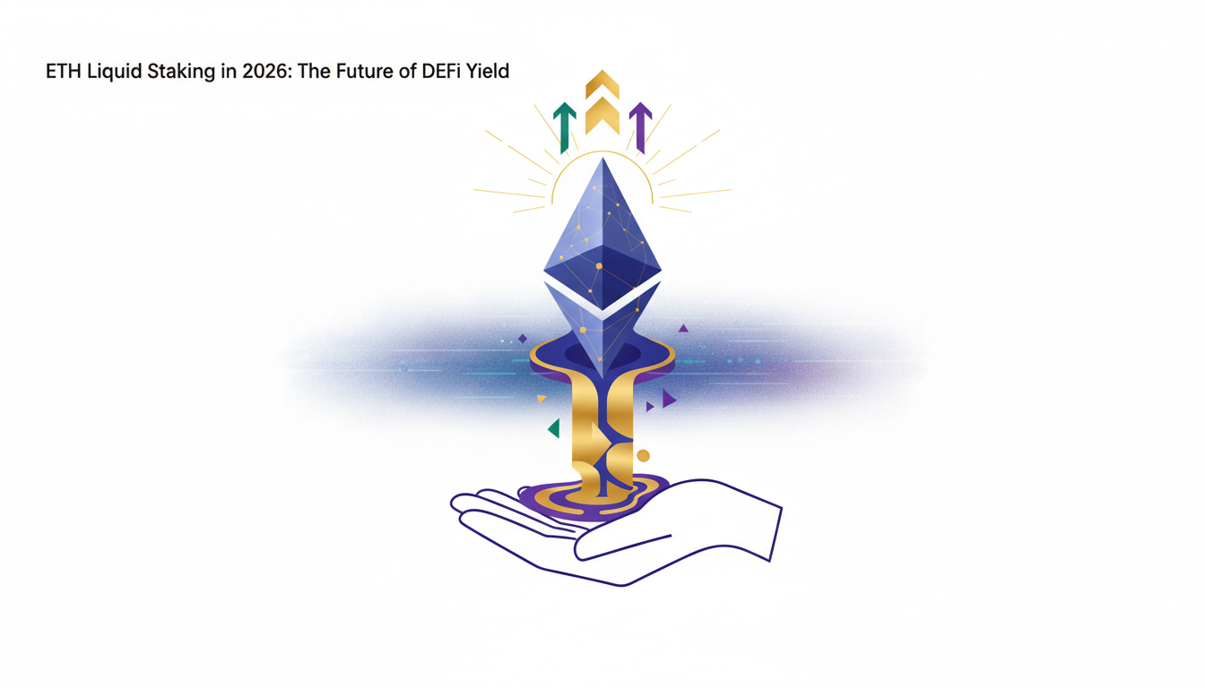 Hero: A futuristic digital landscape of Ethereum's blockchain with glowing nodes and liquid staking tokens flowing like rivers of light
