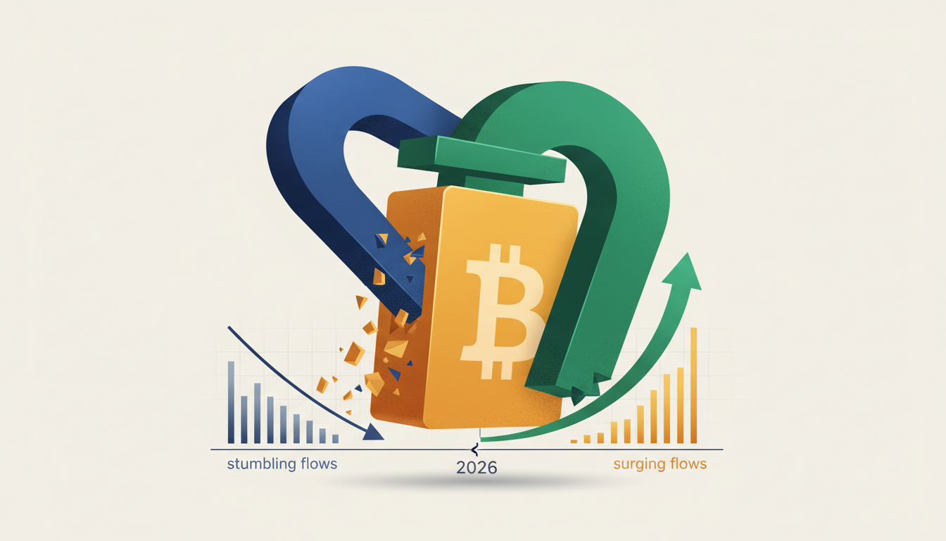 Hero: A dynamic financial chart showing Bitcoin ETF inflows and outflows with Wall Street skyscrapers in the background
