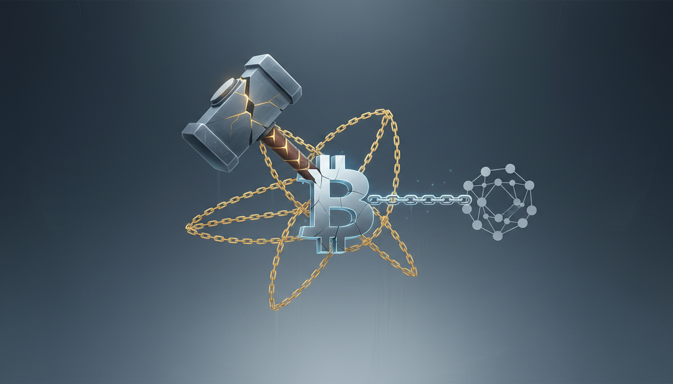 Hero: A visualization of blockchain networks with THORChain chains disrupted by red alert indicators and Kraken migrating wrapped Bitcoin flows to secure Chainlink CCIP pathways across multiple chains