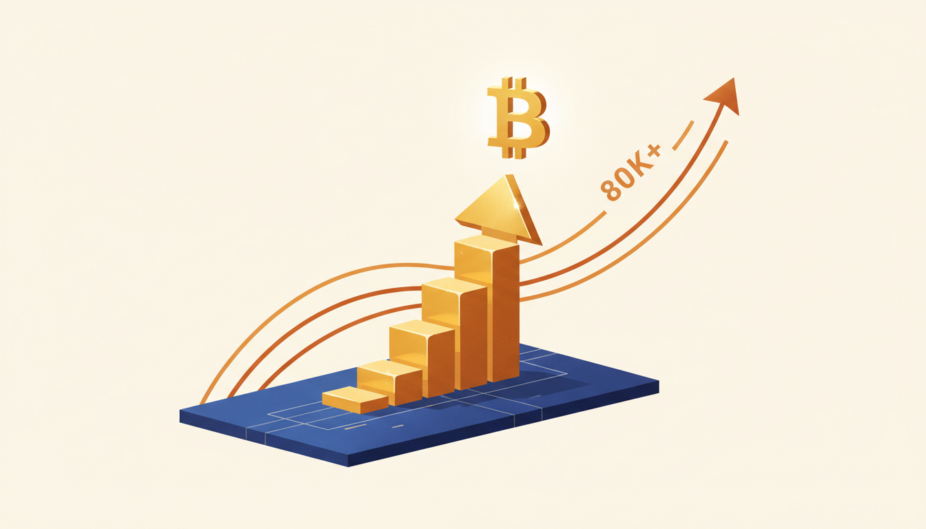 Hero: A financial market visualization showing Bitcoin price crossing above $80,000 in May 2026 alongside ETF flow arrows recovering from redemptions
