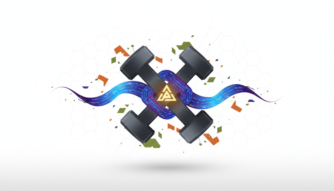 Hero: Digital split visualization of rising equity index charts on one side and fragmented blockchain protocol islands on the other, connected by thin data streams