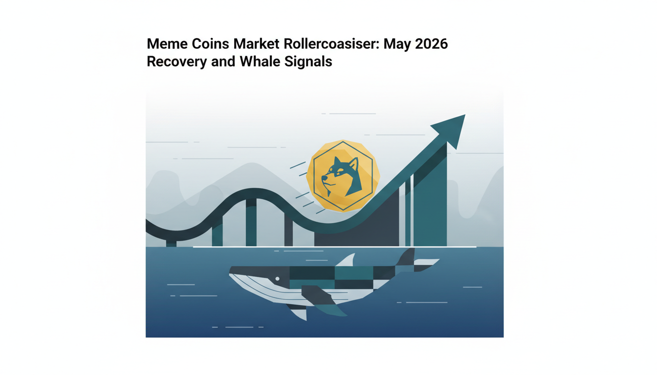 Hero: Digital illustration of a volatile cryptocurrency price chart in May 2026 with rising whale accumulation icons, Dogecoin logos, and meme coin symbols surging amid stormy market clouds turning to recovery light