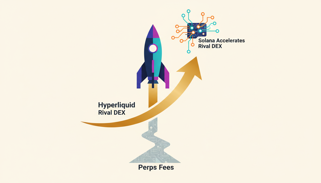 Hero: A futuristic digital trading arena where Hyperliquid dominates with massive volume flows while Solana builders construct a new composable DEX in the background