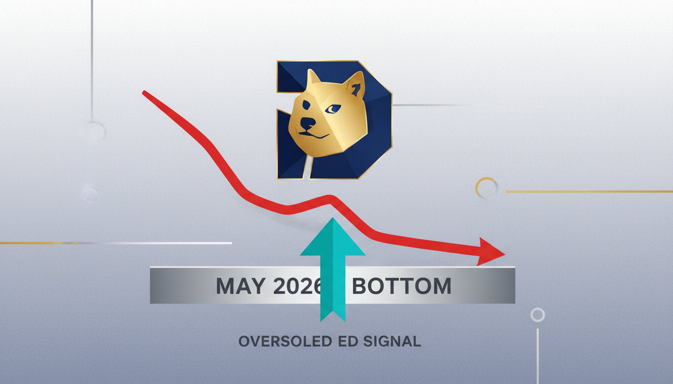 Hero: A dynamic digital chart of Dogecoin price action in 2026 with weekly RSI indicator dropping into oversold territory, historical cycle bottom markers, and subtle meme coin icons in the background