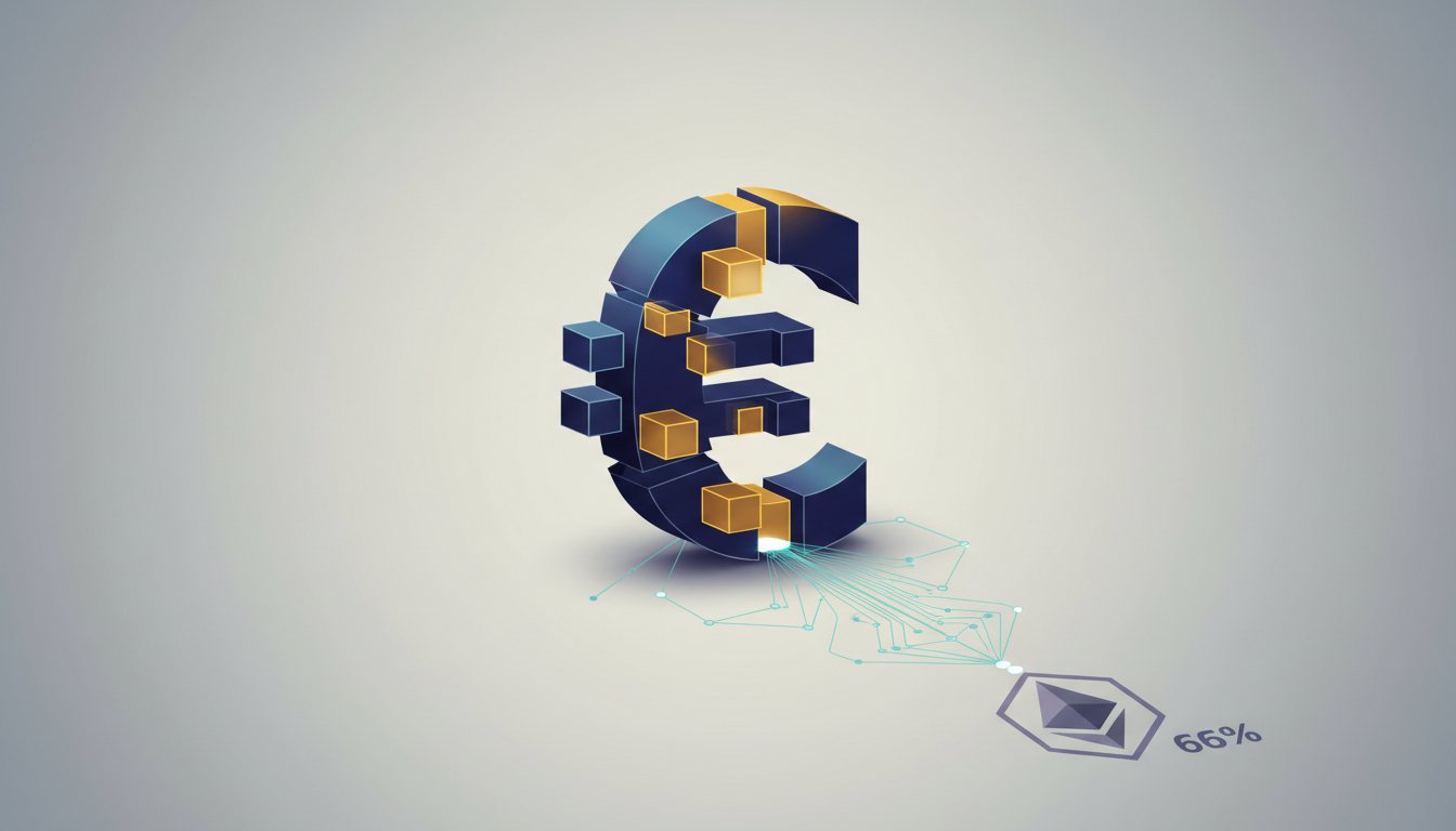 Hero: A digital illustration showing euro banknotes merging into glowing blockchain tokens on the Ethereum network, with upward trending market cap charts in the background